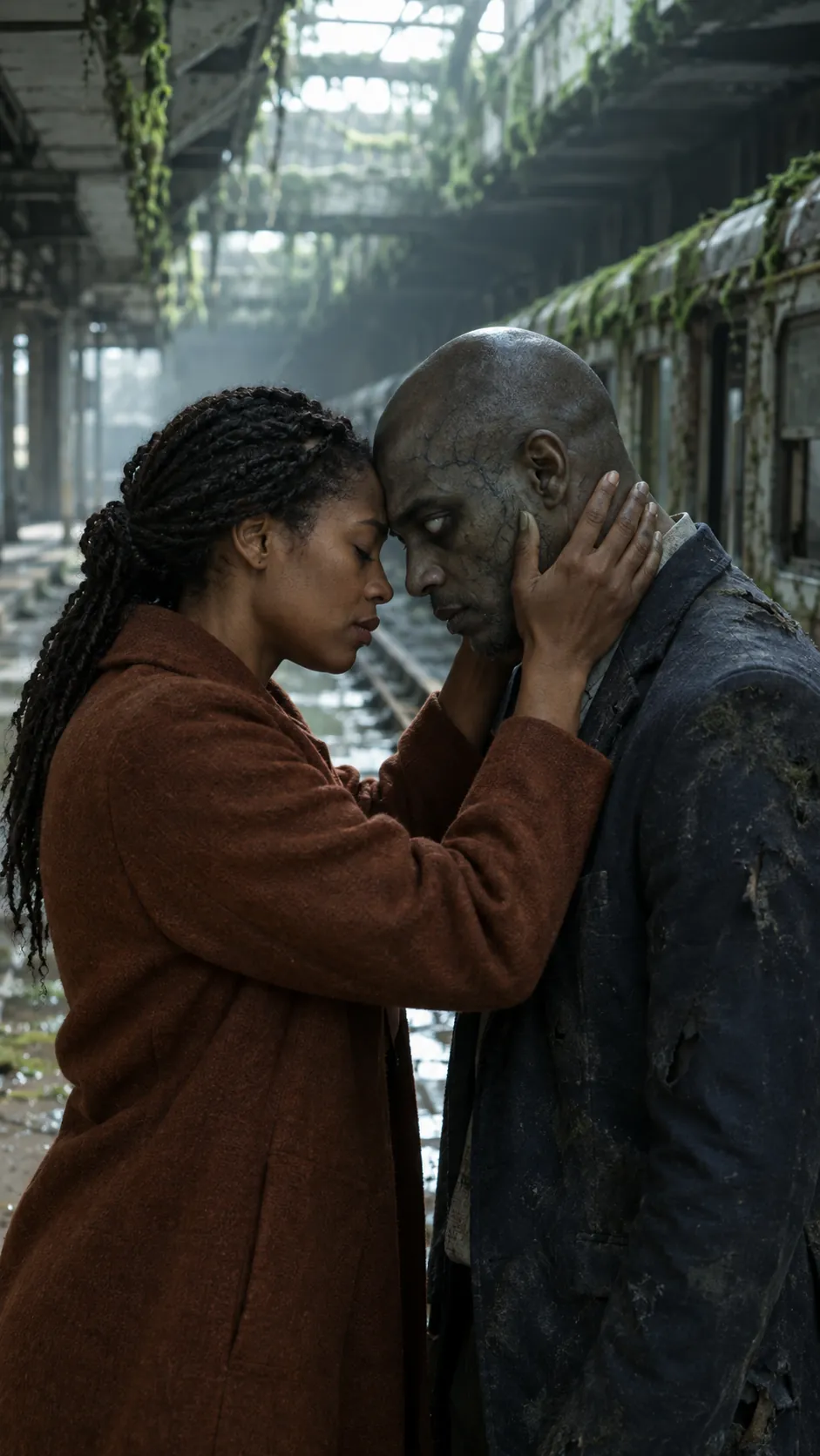 Amara holds the face of Kofi, who has turned, on a mossy subway platform