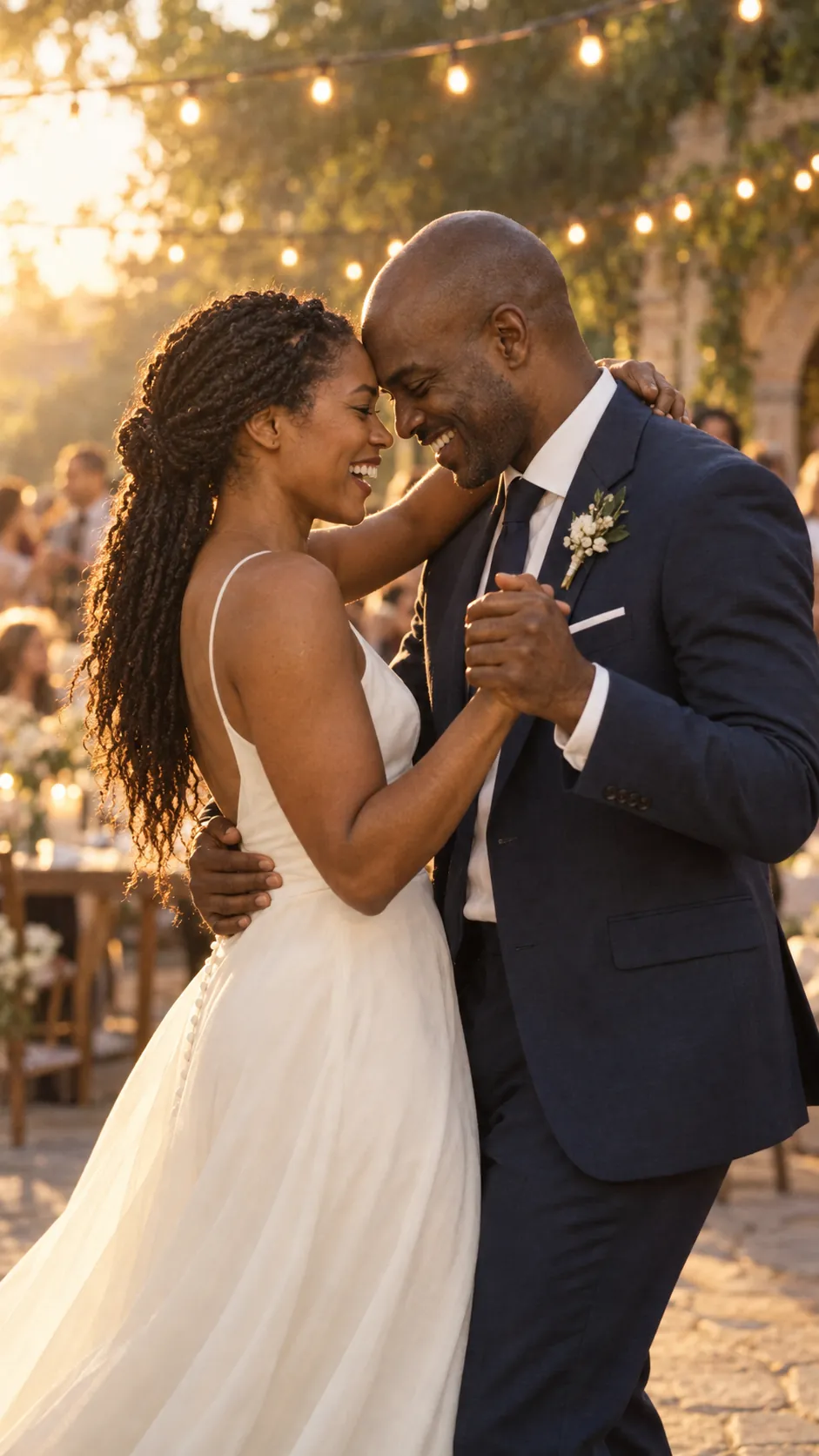 Amara and Kofi dancing at their wedding under string lights