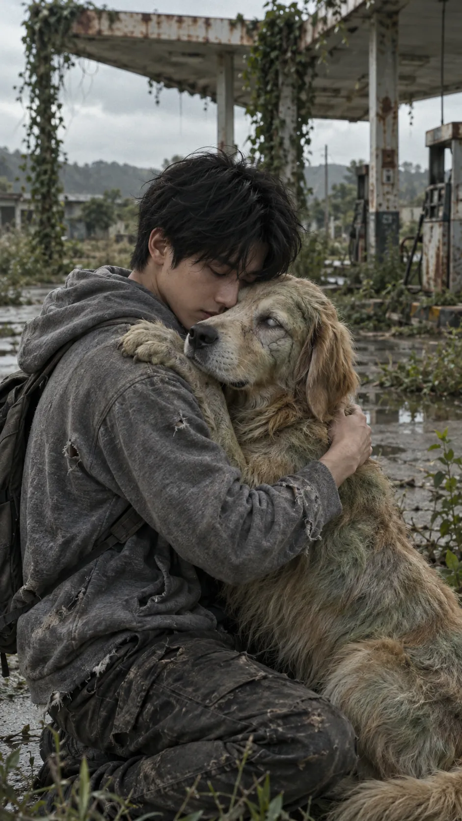 Bao kneels to hug Mango, his turned golden retriever, at an overgrown gas station