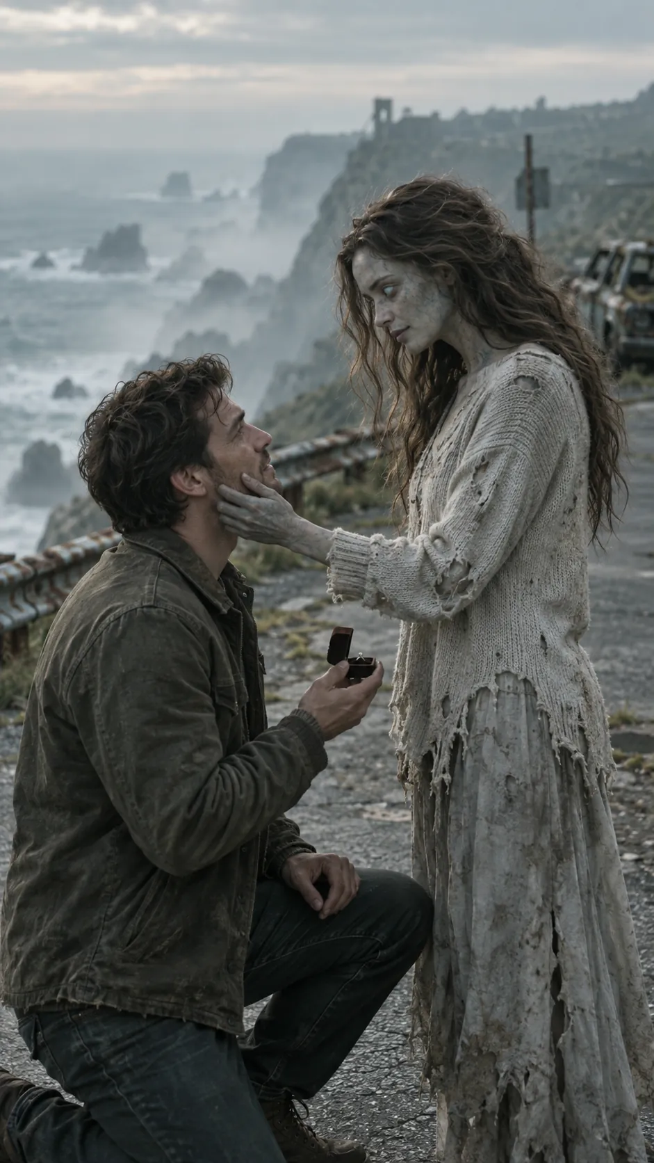 Cole kneels with a ring box before Ivy, who has turned, on a cliff road