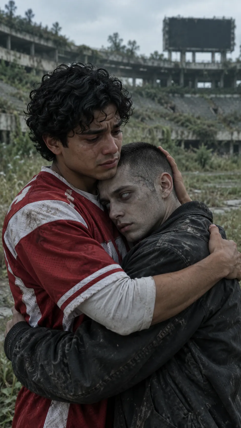 Diego holds his brother Luis, who has turned, outside a stadium