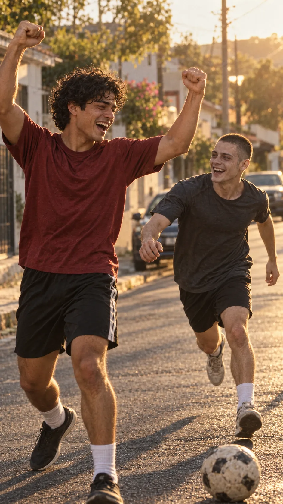 Diego and Luis playing street football in the sun