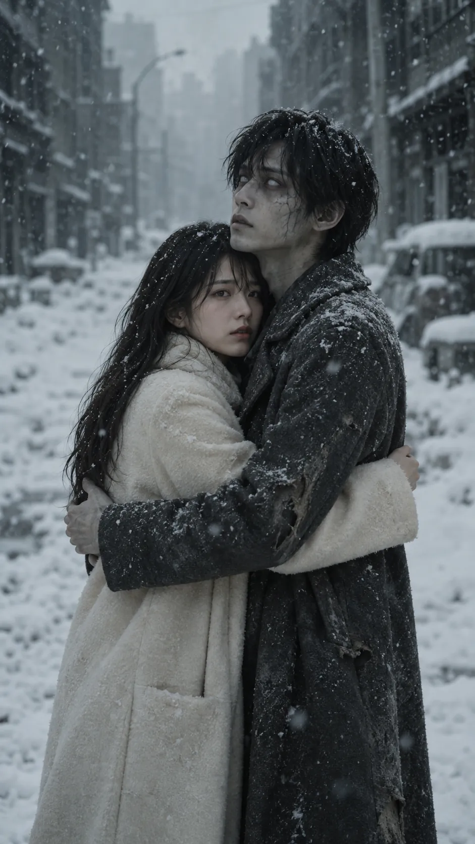Hana embraces Jun, who has turned, on a snowy, silent street
