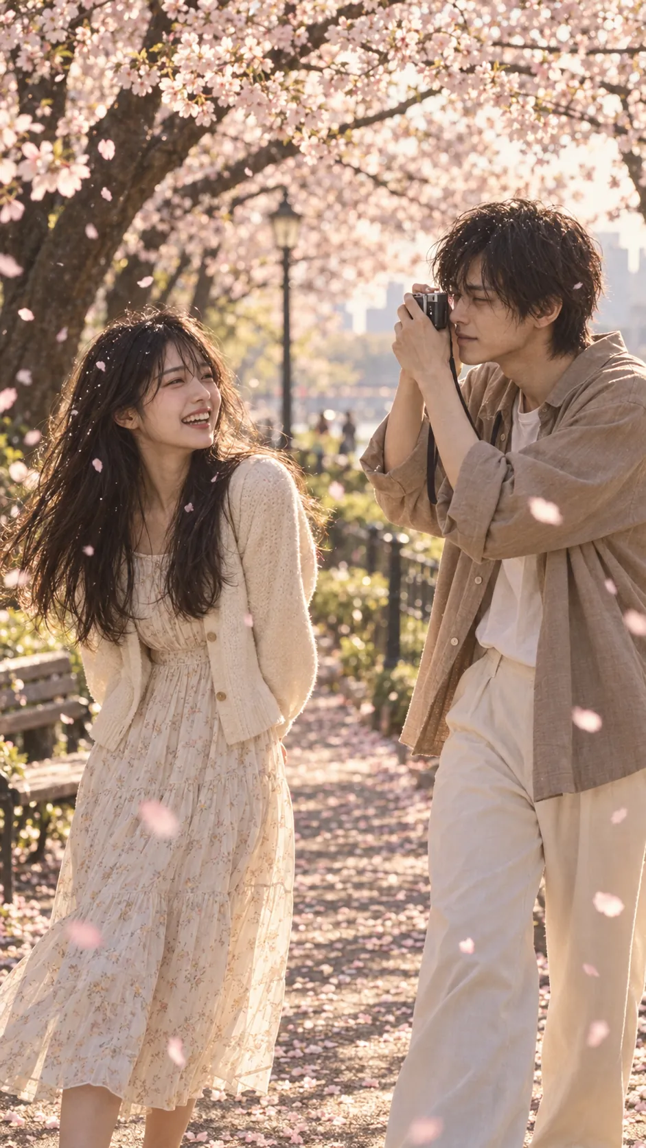 Hana laughing under cherry blossoms while Jun takes her photo