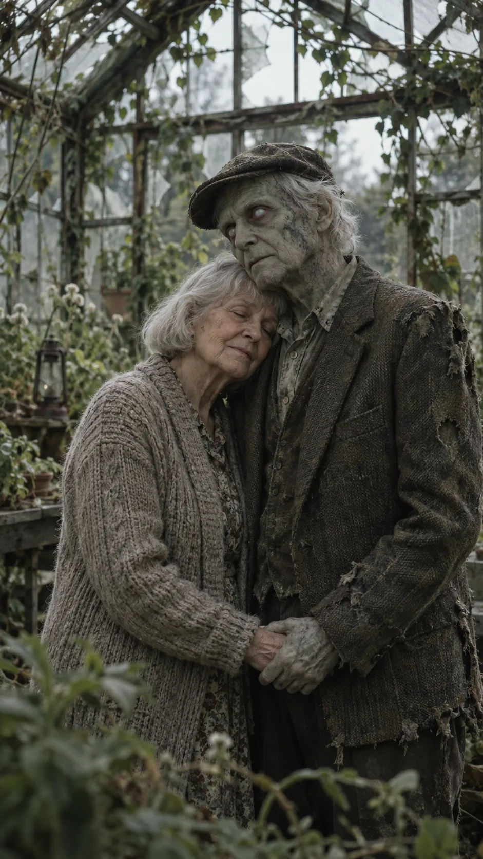 June rests her head on Walter, who has turned, in a ruined greenhouse