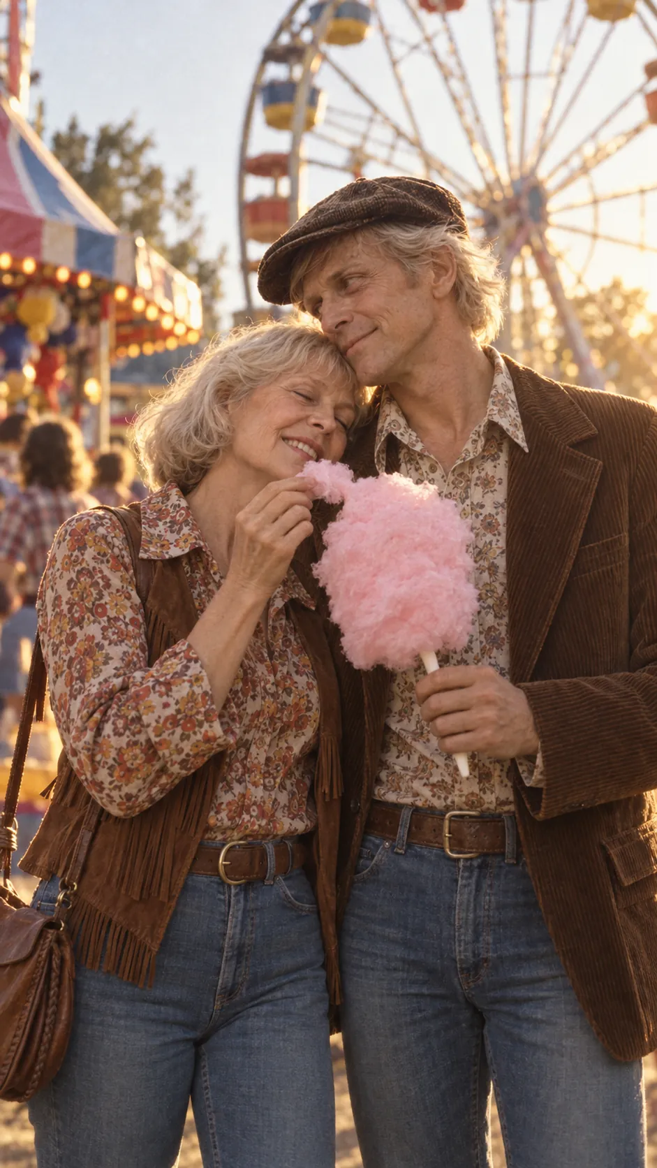 Young June and Walter sharing cotton candy at a 1970s fair