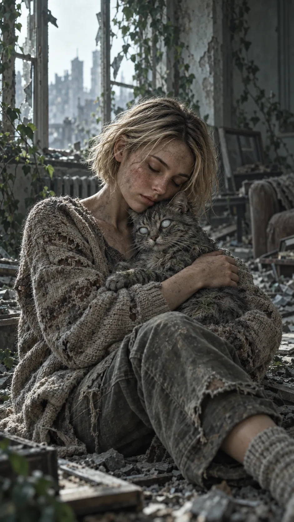 Mia holds Pickle, her turned tabby cat, on the floor of an empty flat
