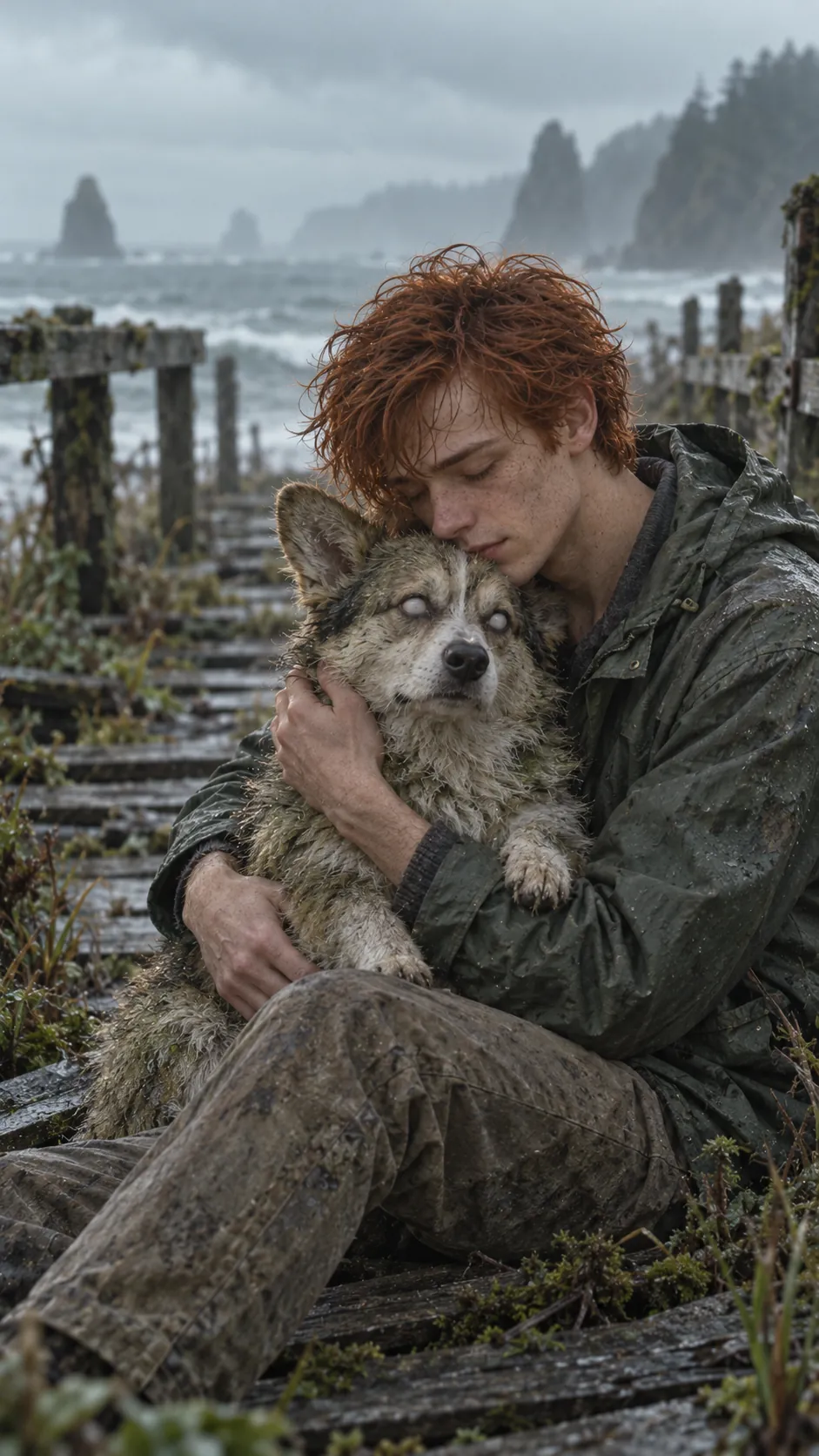 Noah hugs Waffles, his turned corgi, on an abandoned boardwalk