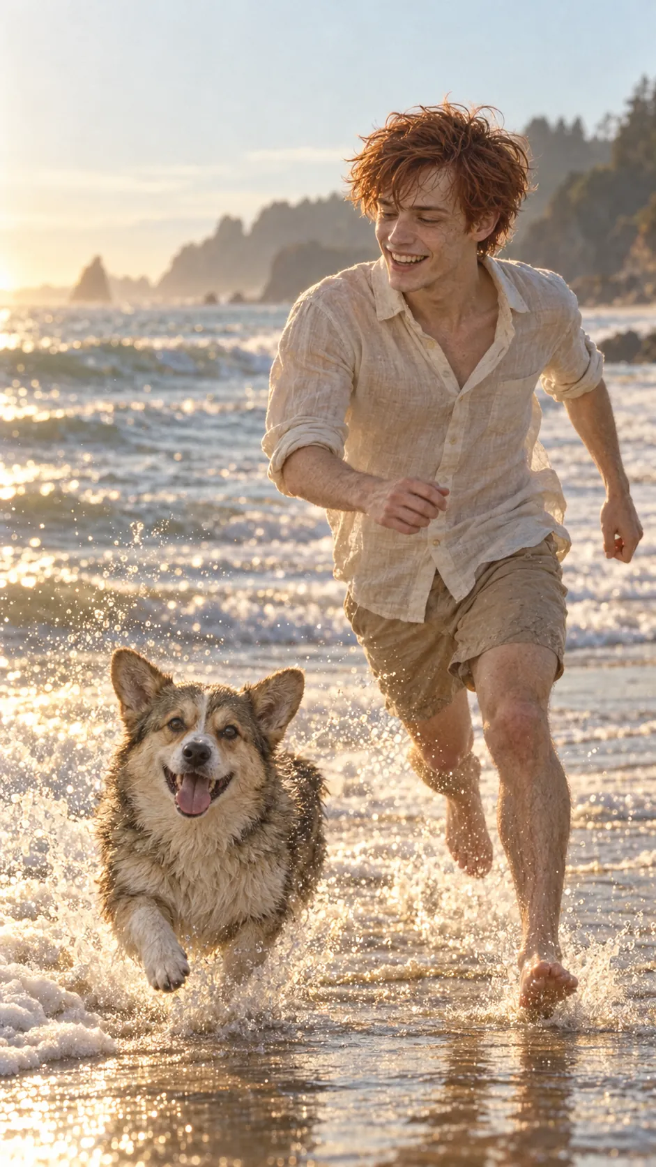 Noah and Waffles running along the waterline at golden hour