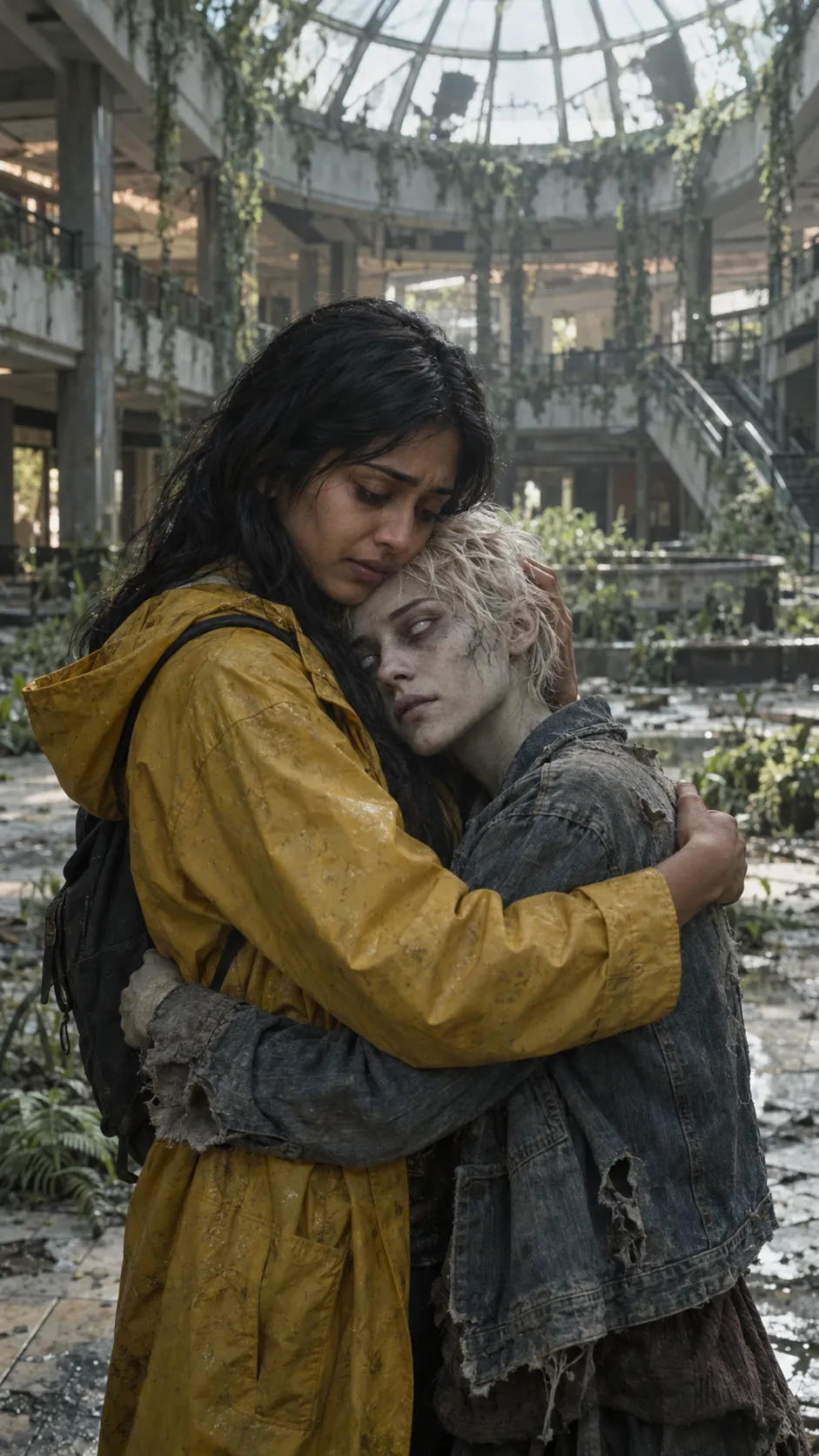 Priya hugs her best friend Sam, who has turned, in an empty mall