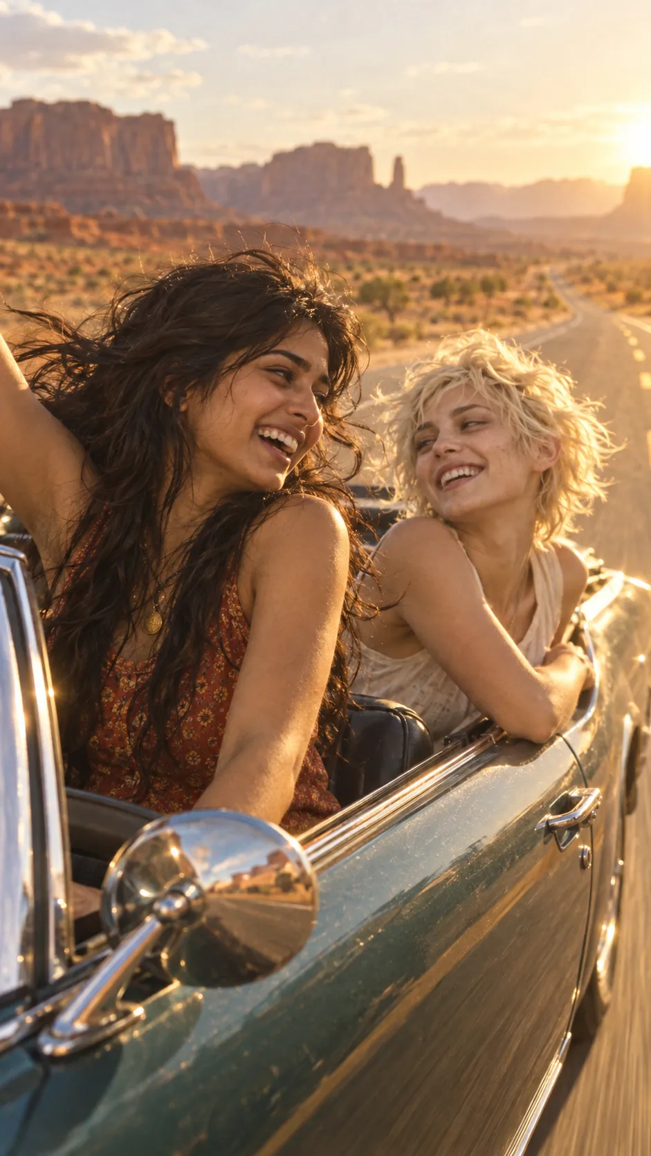 Priya and Sam leaning out of a convertible on a desert highway