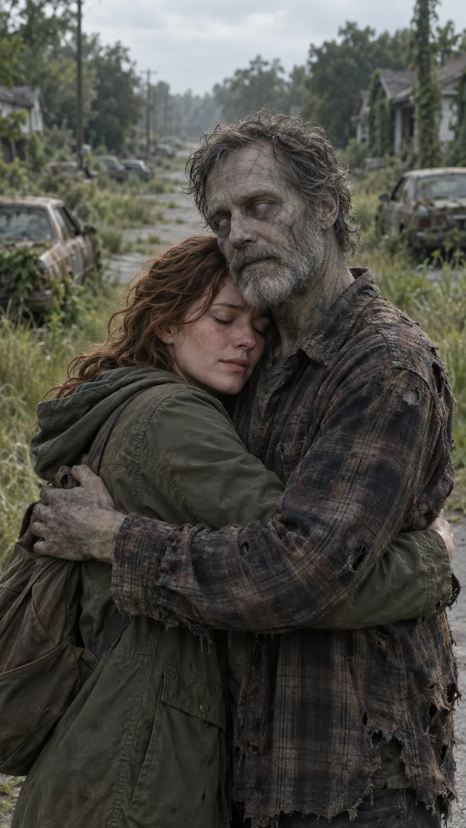 Rosa hugs her father, who has turned, on an overgrown suburban street