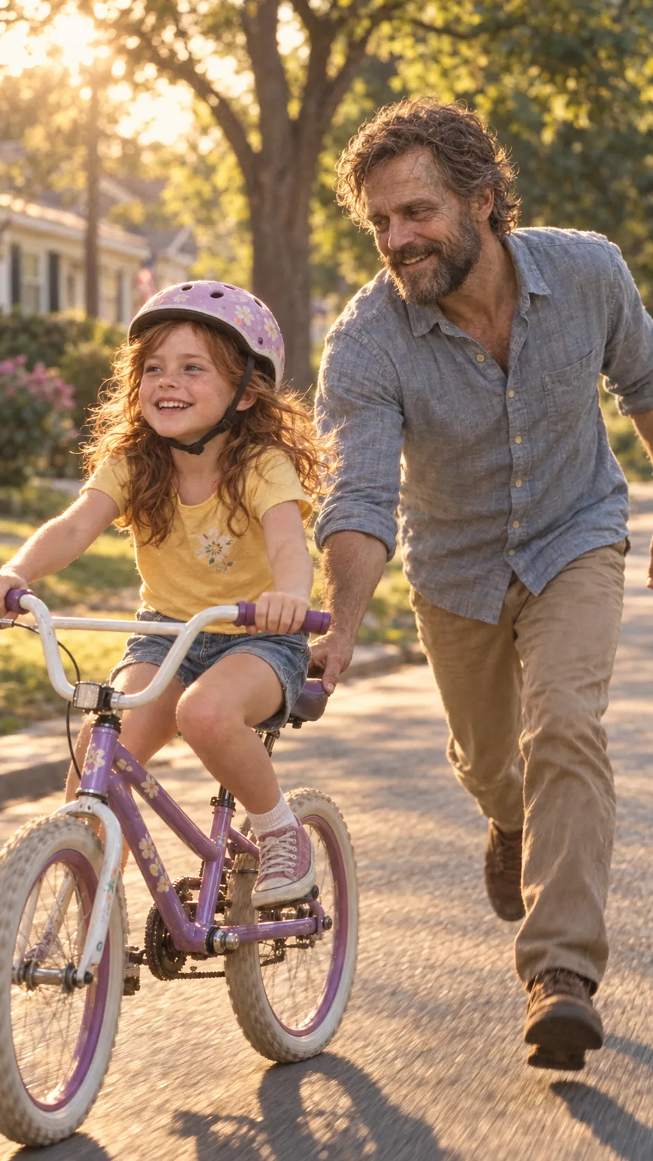 Rosa’s father holding her bike seat as she learns to ride