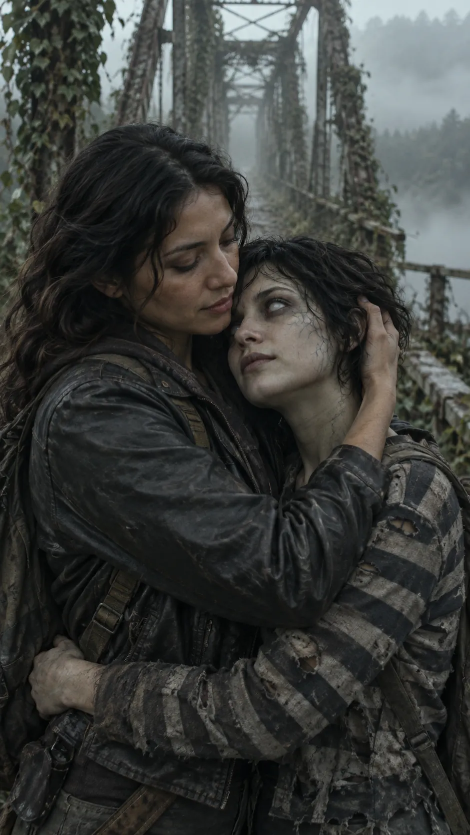 Sofia embraces Ana, who has turned, on a misty overgrown bridge