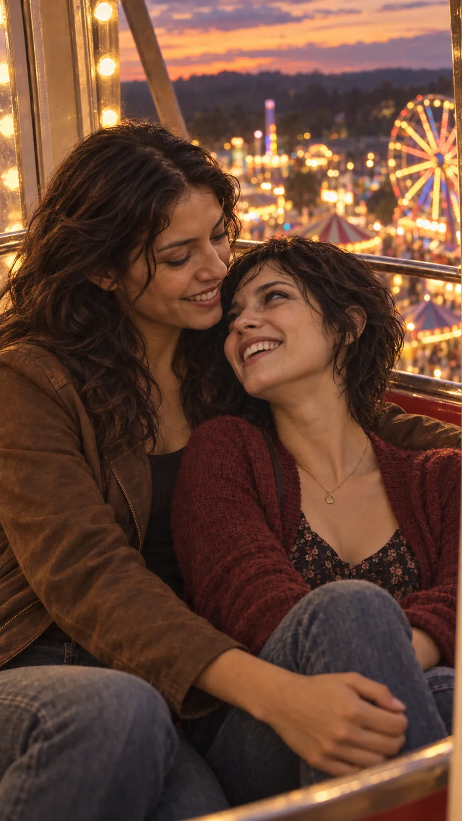 Sofia and Ana laughing in a Ferris wheel gondola at a carnival