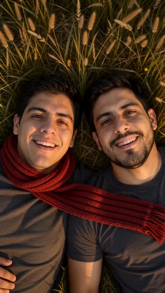 Diego y Luis recostados en el pasto de un campo al atardecer