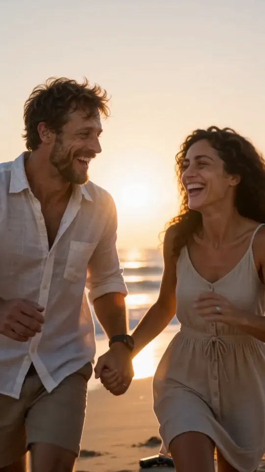 Lena y Theo corren de la mano por una playa al atardecer