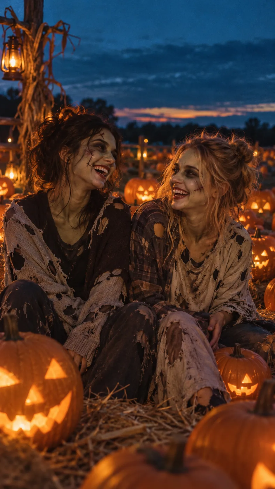 Sample still: two friends in zombie face paint laughing in a pumpkin patch