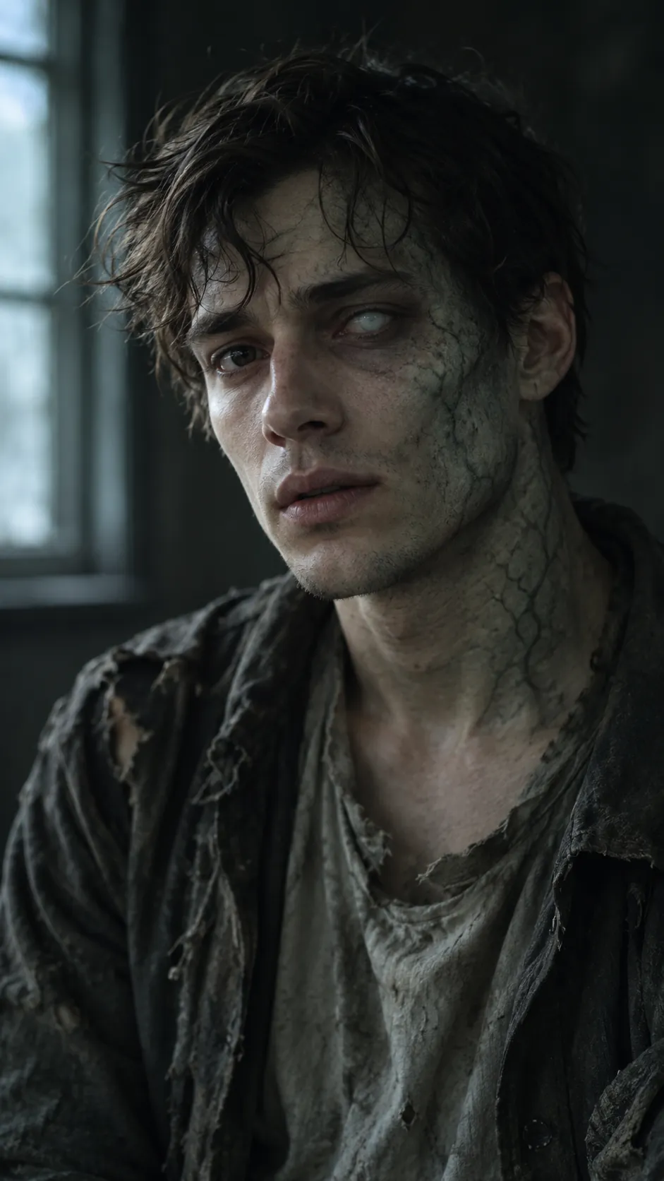 Sample still: a young man midway through turning, lit by a cold window