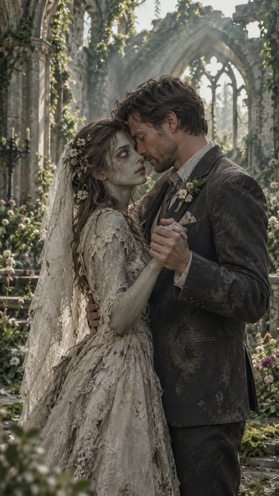 Sample still: a zombie bride slow-dancing with her groom in a ruined chapel