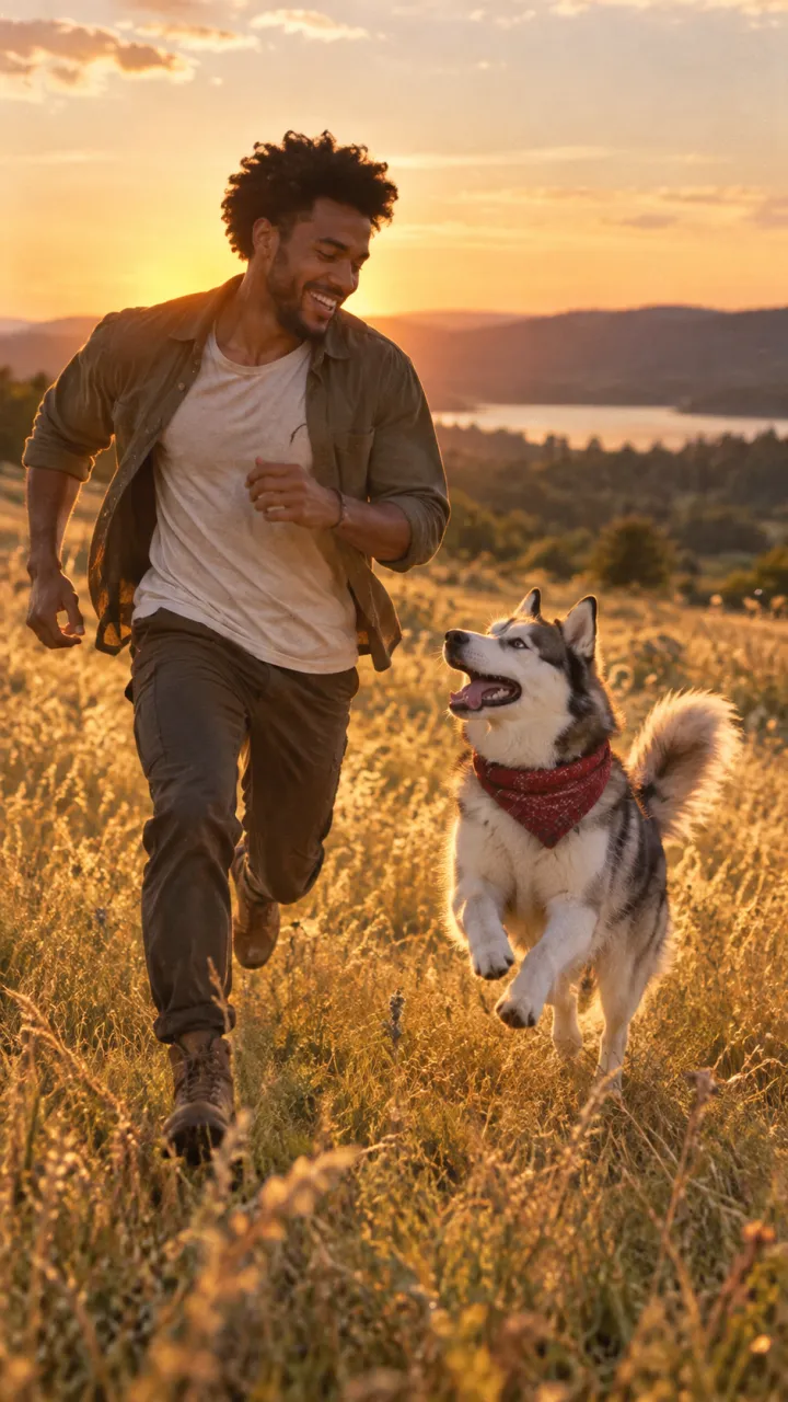 Fotograma de ejemplo: un joven y su husky con un pañuelo rojo corren por un prado dorado al atardecer