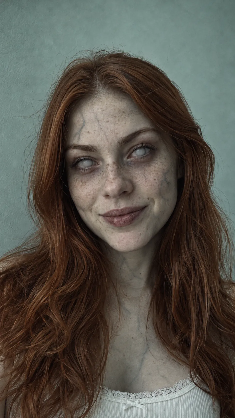 Sample still: a portrait of a young woman turned into a movie zombie